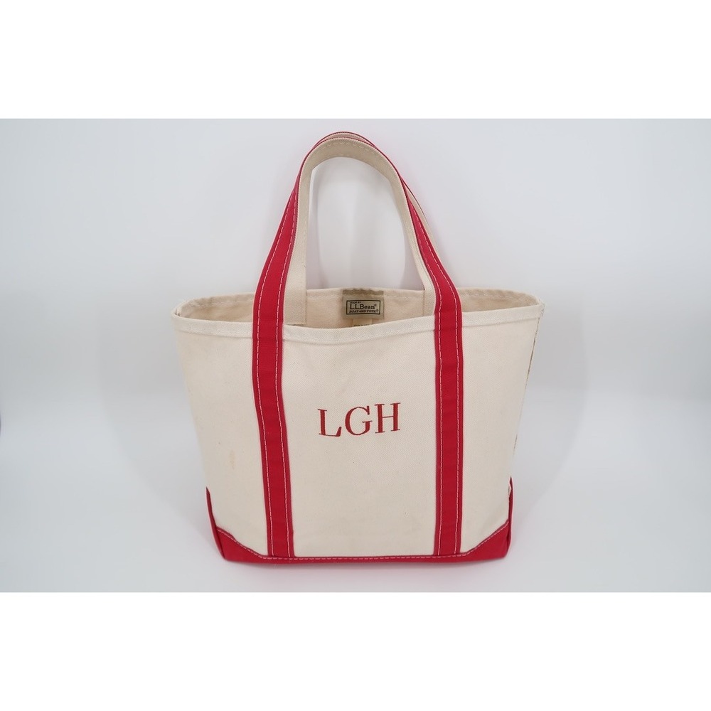 LL Bean Boat and Tote Bag Open Top Medium Red Canvas Monogram LGH USA Made